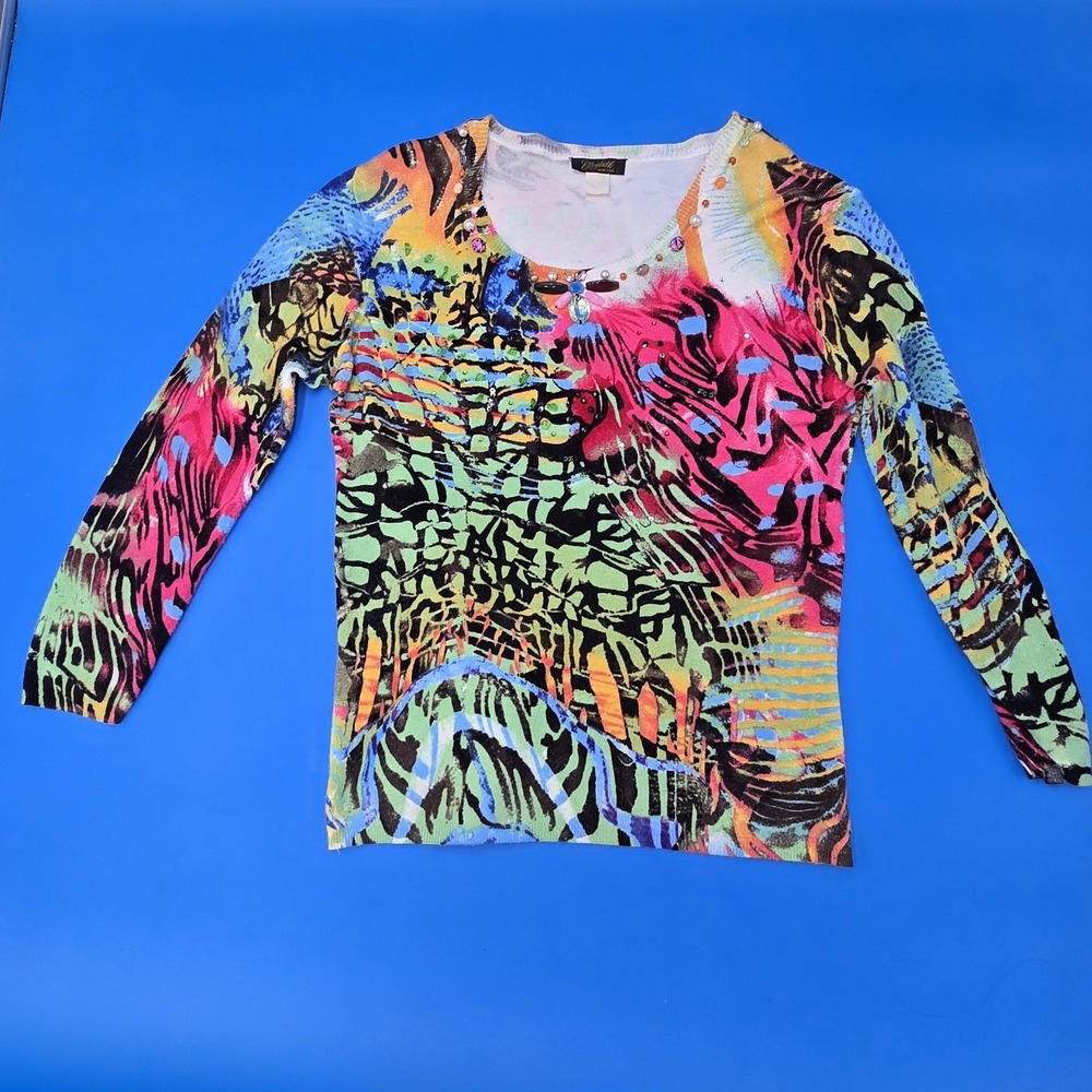 Elizabeth New York Vintage Colorful Pink Green Black Beaded Sweater Sz Medium